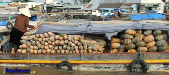 A pumpkin boat on the Mekong River